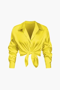 MICAS Long Sleeve Tops|Long Sleeves Tops-Basic Solid Satin Long-Sleeve Shirt