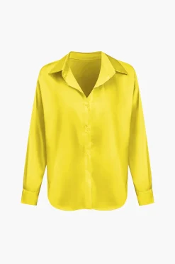 MICAS Long Sleeve Tops|Long Sleeves Tops-Basic Solid Satin Long-Sleeve Shirt