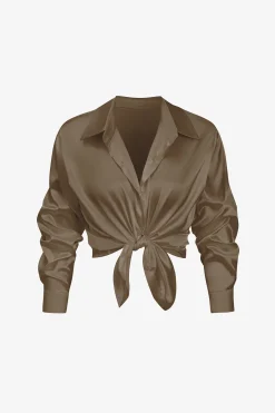MICAS Long Sleeve Tops|Long Sleeves Tops-Basic Solid Satin Long-Sleeve Shirt
