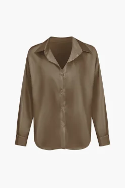MICAS Long Sleeve Tops|Long Sleeves Tops-Basic Solid Satin Long-Sleeve Shirt
