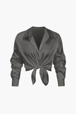 MICAS Long Sleeve Tops|Long Sleeves Tops-Basic Solid Satin Long-Sleeve Shirt