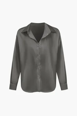 MICAS Long Sleeve Tops|Long Sleeves Tops-Basic Solid Satin Long-Sleeve Shirt