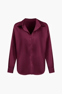 MICAS Long Sleeve Tops|Long Sleeves Tops-Basic Solid Satin Long-Sleeve Shirt
