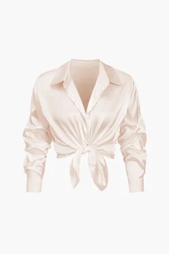 MICAS Long Sleeve Tops|Long Sleeves Tops-Basic Solid Satin Long-Sleeve Shirt