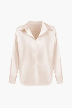 MICAS Long Sleeve Tops|Long Sleeves Tops-Basic Solid Satin Long-Sleeve Shirt