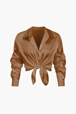 MICAS Long Sleeve Tops|Long Sleeves Tops-Basic Solid Satin Long-Sleeve Shirt
