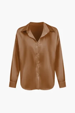 MICAS Long Sleeve Tops|Long Sleeves Tops-Basic Solid Satin Long-Sleeve Shirt