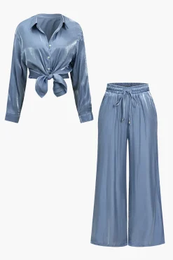 MICAS Pant Sets|Vacation Sets-Basic Solid Shiny Shirt And Loose Trouser Set BLUE