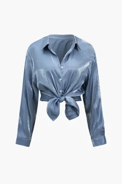 MICAS Pant Sets|Vacation Sets-Basic Solid Shiny Shirt And Loose Trouser Set BLUE