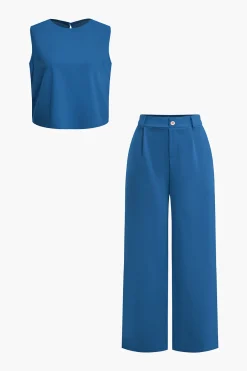 MICAS Pant Sets|Vacation Sets-Basic Solid Sleeveless Top And Straight Leg Pants Set