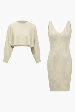 MICAS Knitwear|Knit Sets-Basic Solid Sweater Top And Tank Dress Set BEIGE