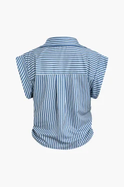 MICAS Blouses & Shirts-Basic Stripe Print Cap Sleeve Button Shirt BLUE