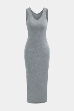 MICAS Skirt Sets-Basic V-neck Sleeveless Maxi Dress And Hooded Crop Sweatshirt Set