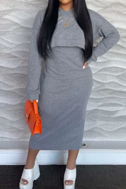 MICAS Skirt Sets-Basic V-neck Sleeveless Maxi Dress And Hooded Crop Sweatshirt Set