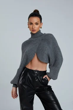 MICAS Knitwear|Knit Tops-Batwing Sleeve Turtleneck Crop Sweater