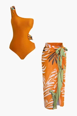 MICAS Swimwear-Bead Cut Out One Shoulder Swimsuit And Leaves Print Wrap Skirt Set MULTICOLOR