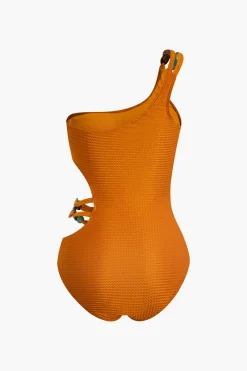 MICAS Swimwear-Bead Cut Out One Shoulder Swimsuit And Leaves Print Wrap Skirt Set MULTICOLOR