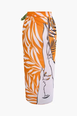 MICAS Swimwear-Bead Cut Out One Shoulder Swimsuit And Leaves Print Wrap Skirt Set MULTICOLOR