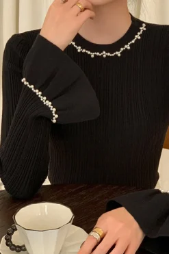 MICAS Long Sleeve Tops|Long Sleeves Tops-Beaded Round Neck Long-Sleeve Top BLACK