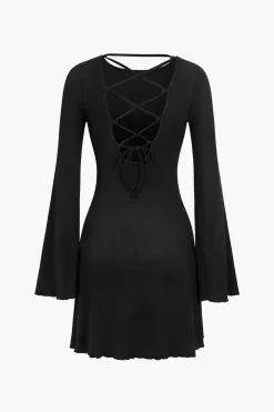 MICAS Mini Dresses|Long Sleeve Dresses-Bell Sleeve Back Lace Up Detail Mini Dress BLACK