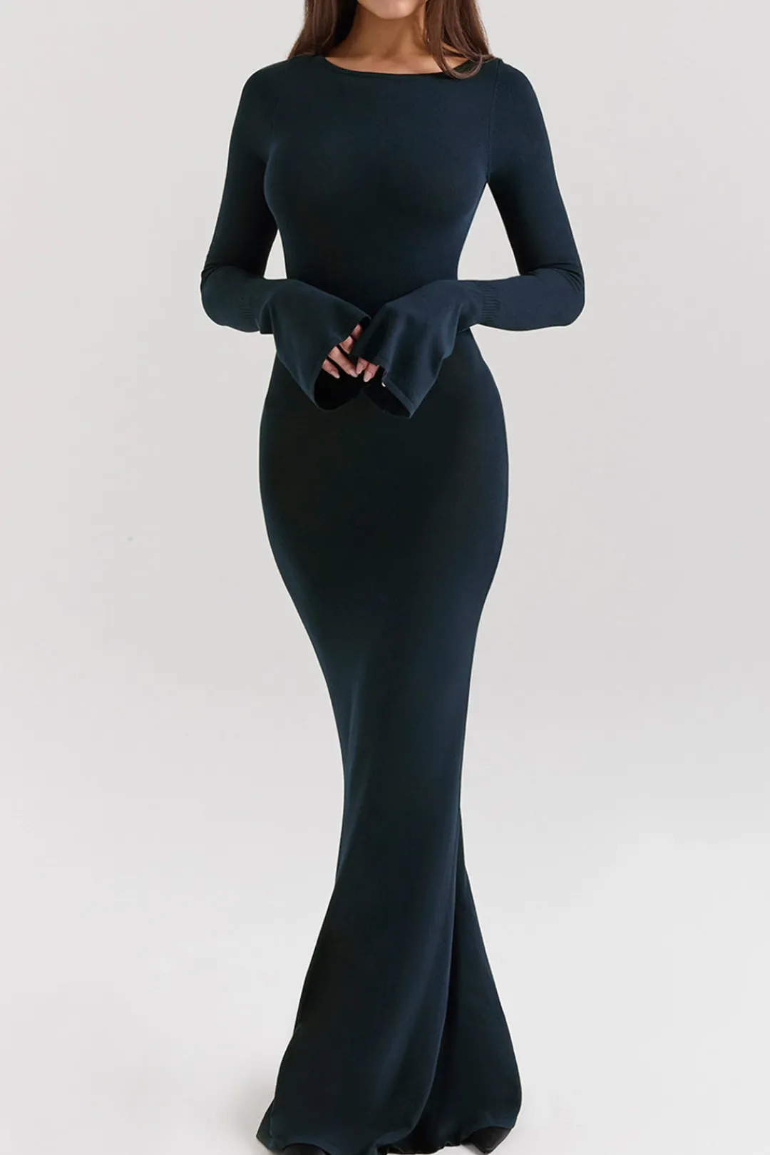 MICAS Long Sleeve Dresses|Knitwear-Bell Sleeve Backless Long Sleeve Maxi Dress DARK BLUE