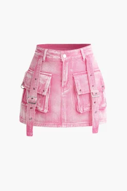MICAS Skirts-Belt Detail Flap Pocket Denim Mini Skirt