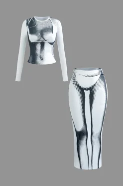 MICAS Skirt Sets-Body Print Long Sleeve Top And Maxi Skirt Set WHITE