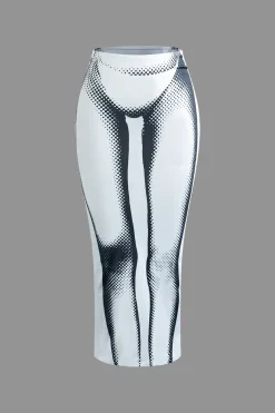 MICAS Skirt Sets-Body Print Long Sleeve Top And Maxi Skirt Set WHITE
