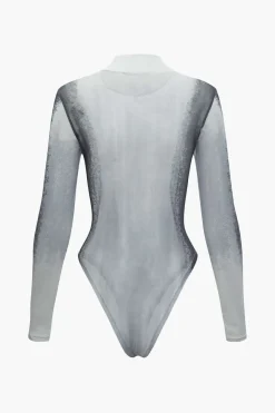 MICAS Bodysuits-Body Print Mesh Long Sleeve Bodysuit BLACK