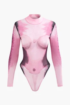 MICAS Bodysuits-Body Print Mesh Long Sleeve Bodysuit BLACK