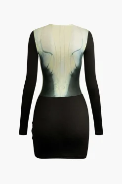 MICAS Long Sleeve Dresses|Mini Dresses-Body Print Round Neck Long Sleeve Ruched Mini Dress Contrast Color