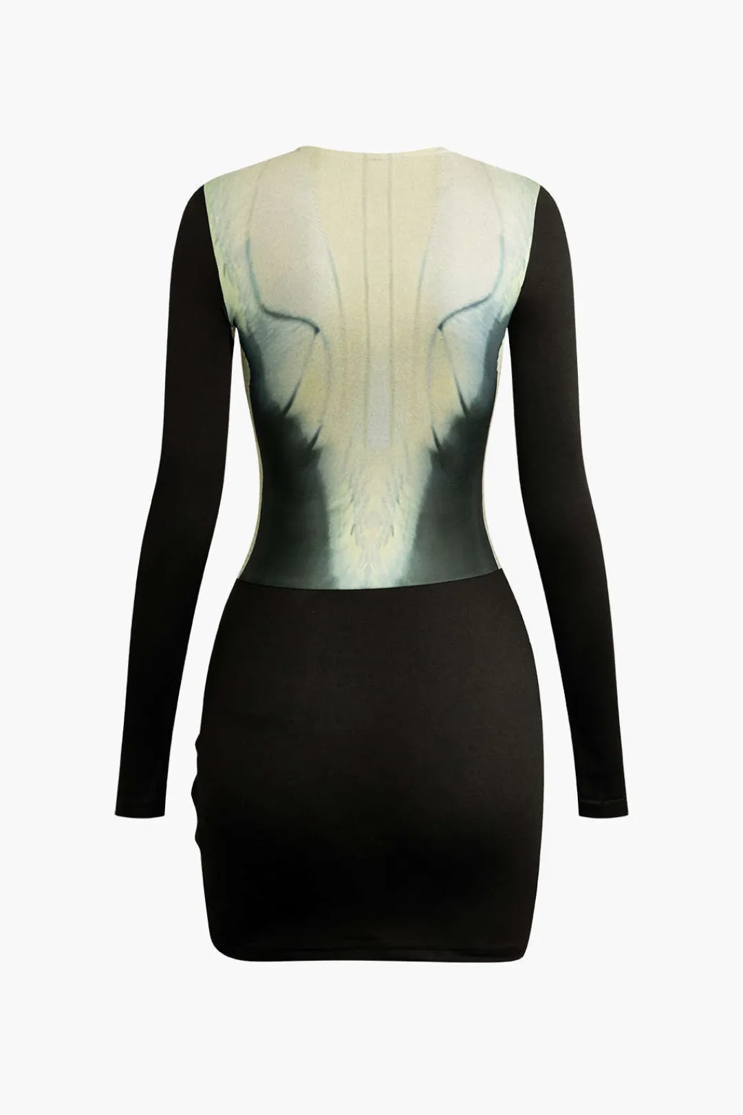 MICAS Long Sleeve Dresses|Mini Dresses-Body Print Round Neck Long Sleeve Ruched Mini Dress Contrast Color