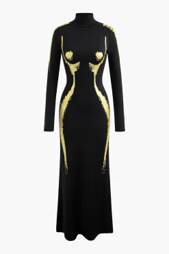 MICAS Long Sleeve Dresses|Maxi Dresses-Body Print Turtle Neck Long Sleeve Maxi Dress