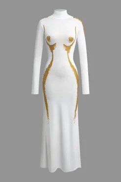MICAS Long Sleeve Dresses|Maxi Dresses-Body Print Turtle Neck Long Sleeve Maxi Dress