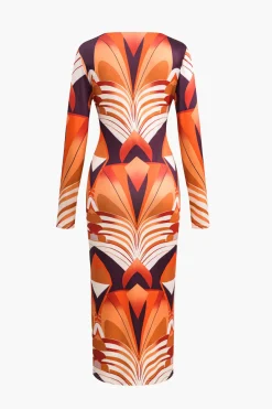 MICAS Long Sleeve Dresses|Maxi Dresses-Bohemian Print V-Neck Long Sleeve Maxi Dress TANGERINE