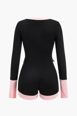 MICAS Jumpsuits & Rompers-Botton Patchwork Long Sleeve Romper PINK