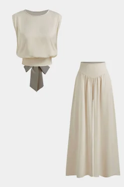 MICAS Pant Sets-Bow Back Round Neck Short Sleeve Top And Wide Leg Pants Set BEIGE