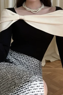 MICAS Long Sleeve Tops|Long Sleeves Tops-Bow Design Patchwork Long-Sleeve Top BLACK