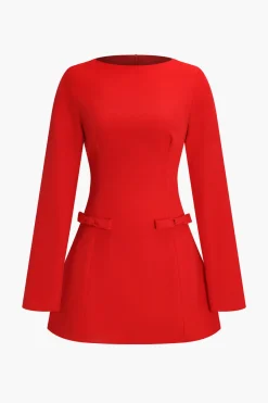 MICAS Long Sleeve Dresses|Mini Dresses-Bow Long Sleeve Mini Dress RED