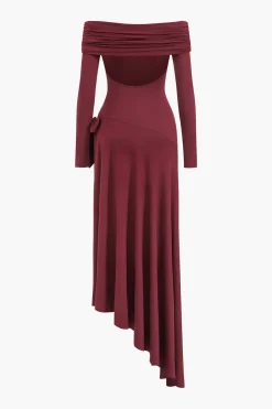 MICAS Long Sleeve Dresses|Maxi Dresses-Bow Off Shoulder Long Sleeve Maxi Dress BURGUNDY
