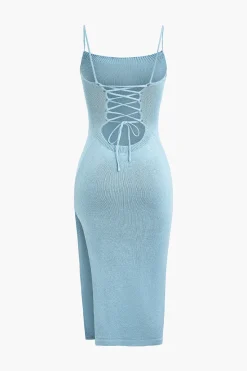 MICAS Knitwear|Knit Dresses-Braided Tie Slip Slit Knit Midi Dress