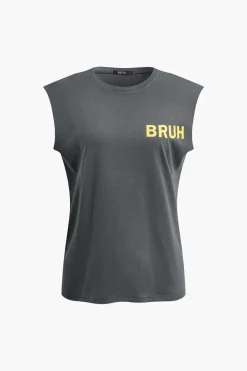 MICAS T-Shirts-Bruh Print Sleeveless T-shirt GRAY