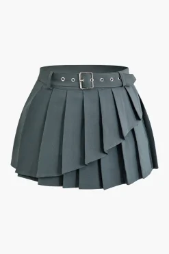 MICAS Skirts-Buckle Layer Pleated Mini Skirt