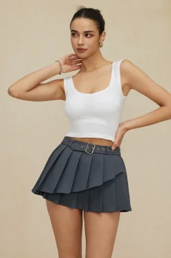MICAS Skirts-Buckle Layer Pleated Mini Skirt