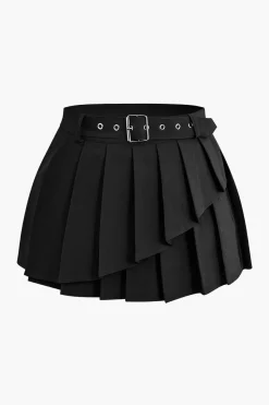 MICAS Skirts-Buckle Layer Pleated Mini Skirt