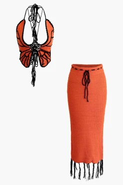 MICAS Knit Sets-Butterfly Tie Halter Tank Top And Tassel Midi Skirt Set