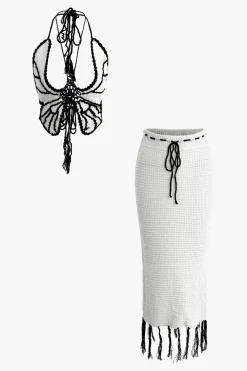 MICAS Knit Sets-Butterfly Tie Halter Tank Top And Tassel Midi Skirt Set
