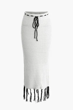 MICAS Knit Sets-Butterfly Tie Halter Tank Top And Tassel Midi Skirt Set