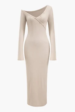 MICAS Long Sleeve Dresses|Maxi Dresses-Button Asymmetric Neck Long Sleeve Maxi Dress BEIGE