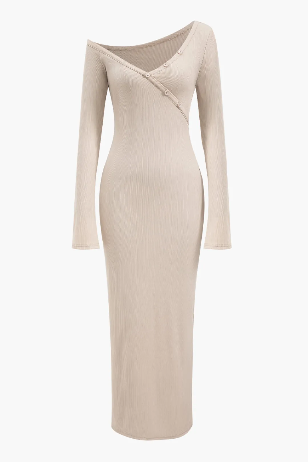 MICAS Long Sleeve Dresses|Maxi Dresses-Button Asymmetric Neck Long Sleeve Maxi Dress BEIGE
